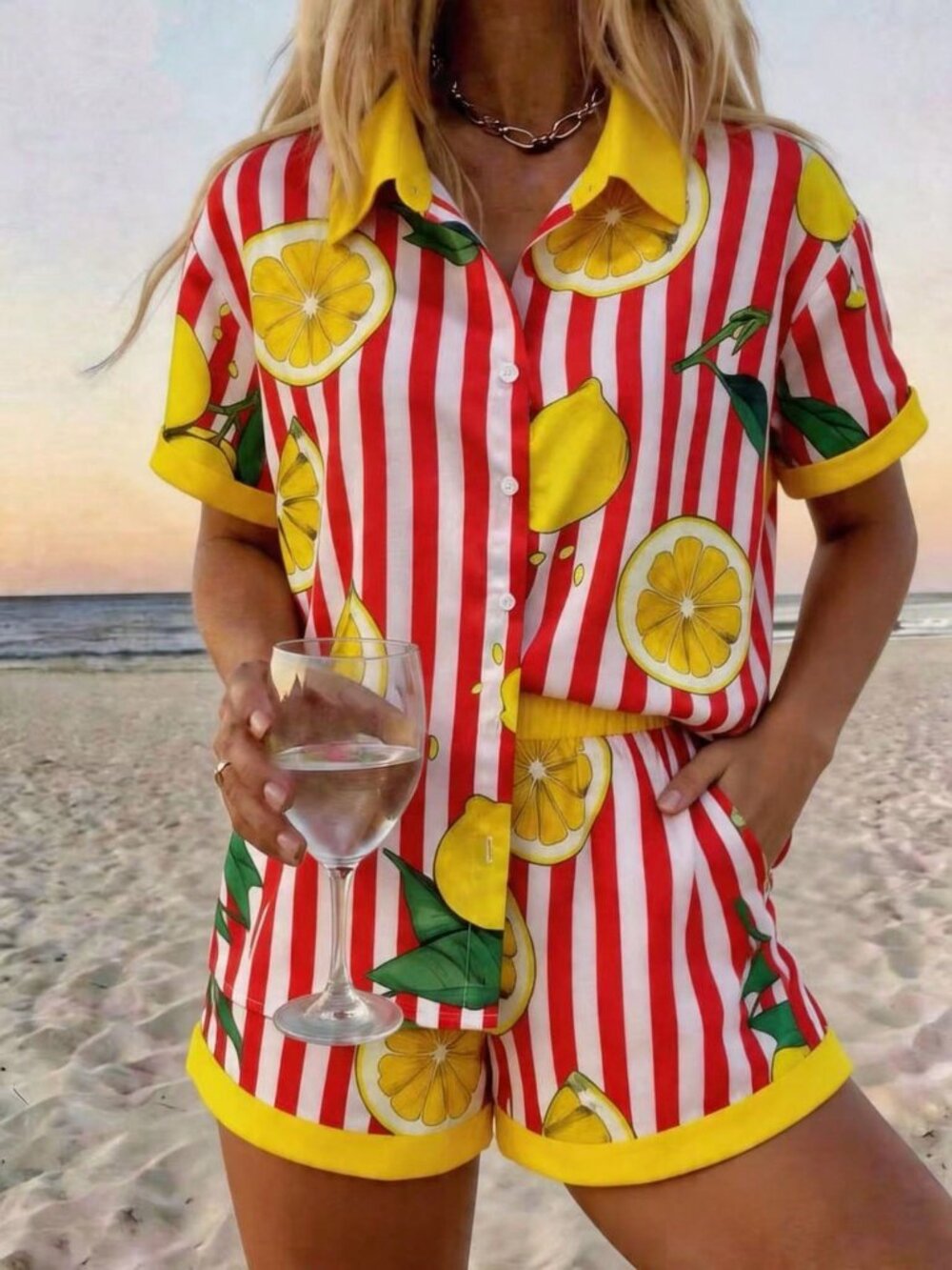 Red Casual Women's Striped Short Sleeve Shirt And Shorts Suit - Picture 3 of 5
